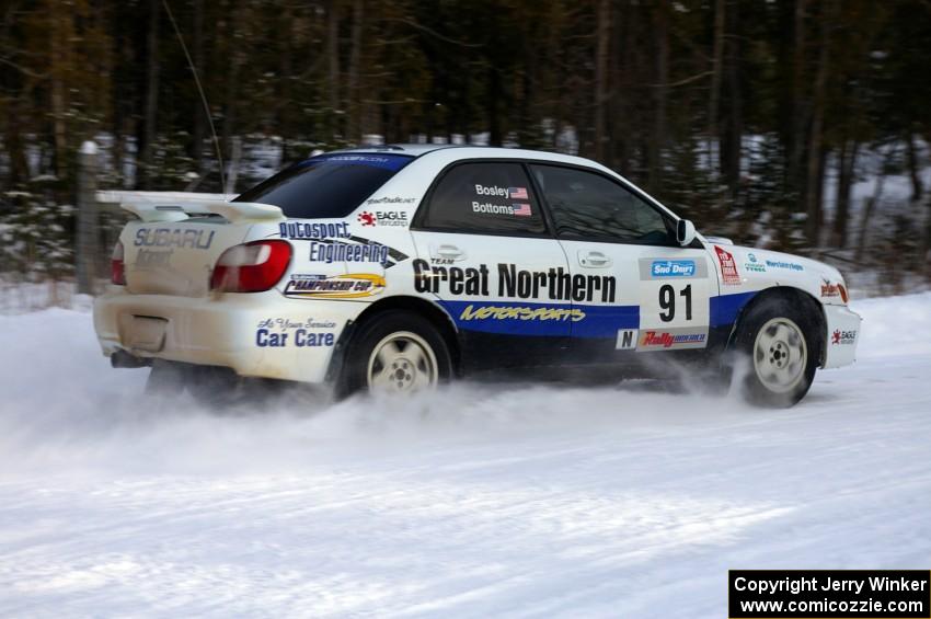 Jonathan Bottoms / Carolyn Bosley Subaru WRX exits out of a hairpin on the ranch stage.