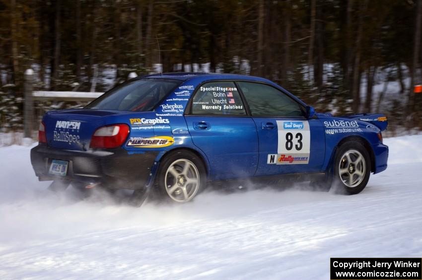 Mark Utecht / Rob Bohn exit out of a hairpin on the ranch stage in their Subaru WRX.