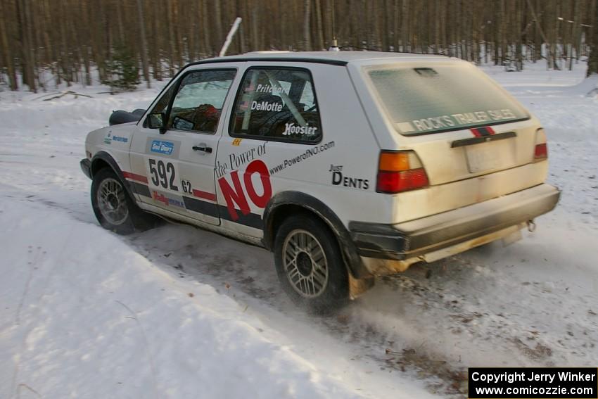 Justin Pritchard / Kim DeMotte VW Golf exits a hairpin on the ranch stage.