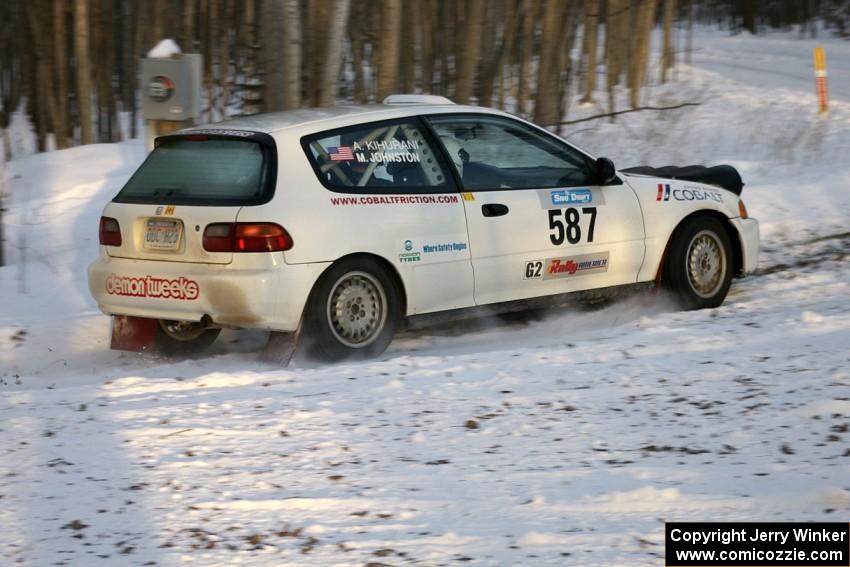 Matt Johnston / Alex Kihurani at a sharp left-hander at the ranch stage in their Honda Civic.