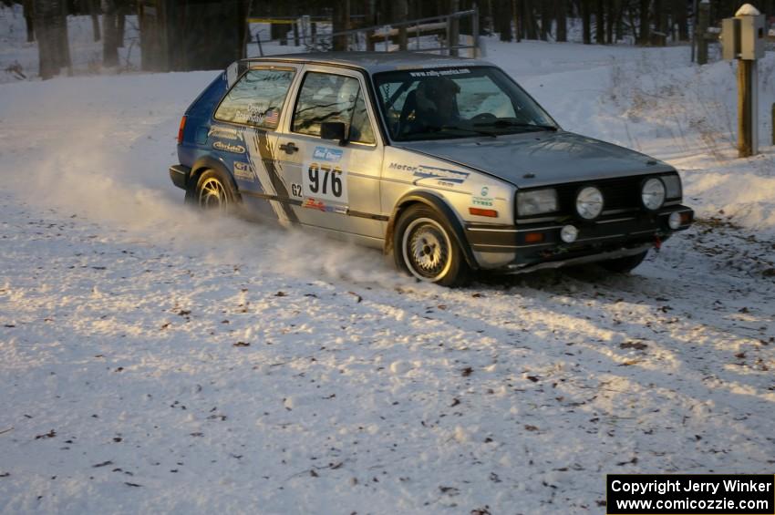 Russ Rosendale / Pete Oppelt VW Golf at a sharp right-hander on the ranch stage.