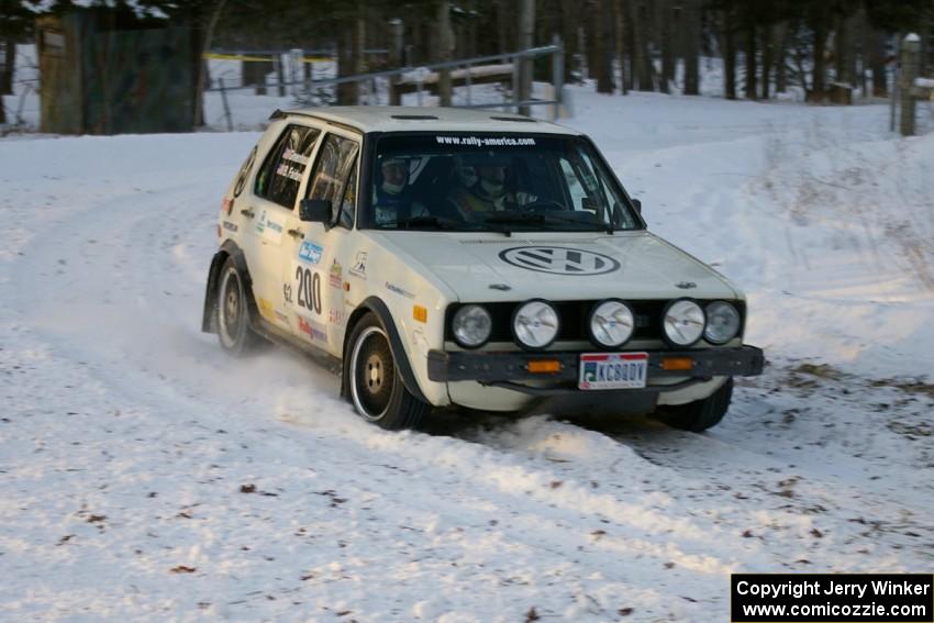 Brett Fairbanks / Chris Greenhouse VW Rabbit at a sharp corner on the ranch stage.