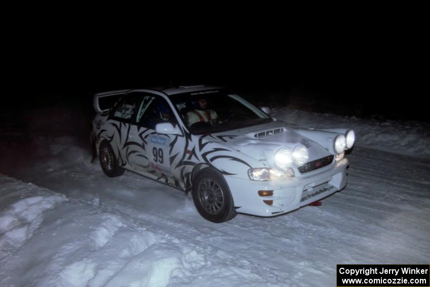 The Matt Iorio / Ole Holter Subaru Impreza at speeed down a straight on the second running of the ranch stage.