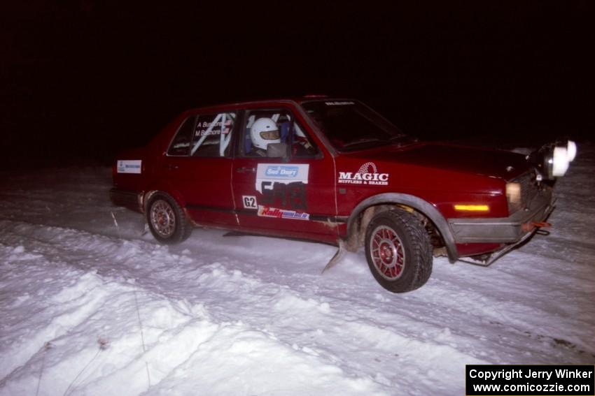 The Matt Bushore / Andy Bushore VW Jetta drifts through the first corner of the evening running of the ranch stage.