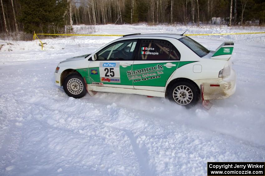 Seamus Burke / Jason Gillespie Mitsubishi Evo 8 tries to chase the Richards' Subaru only to crash later in the stage.