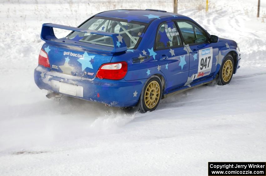 William Bacon / Peter Watt Subaru WRX STi at a 90-left on the first stage of day two.