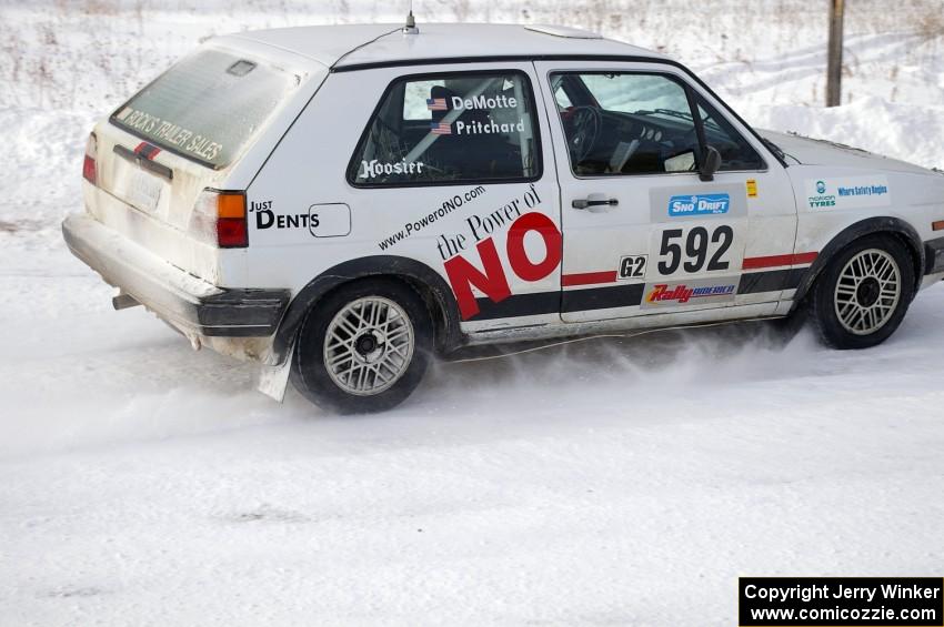 Justin Pritchard / Kim DeMotte VW Golf near the midpoint of the first stage of day two.