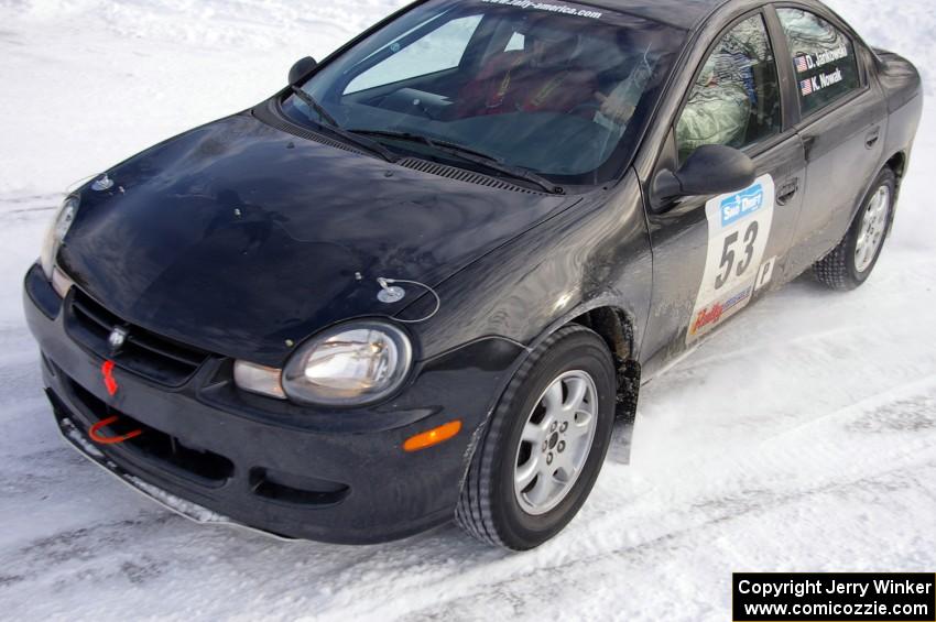 Don Jankowski / Ken Nowak Dodge Neon ACR hugs the inside bank on the first stage of day two.