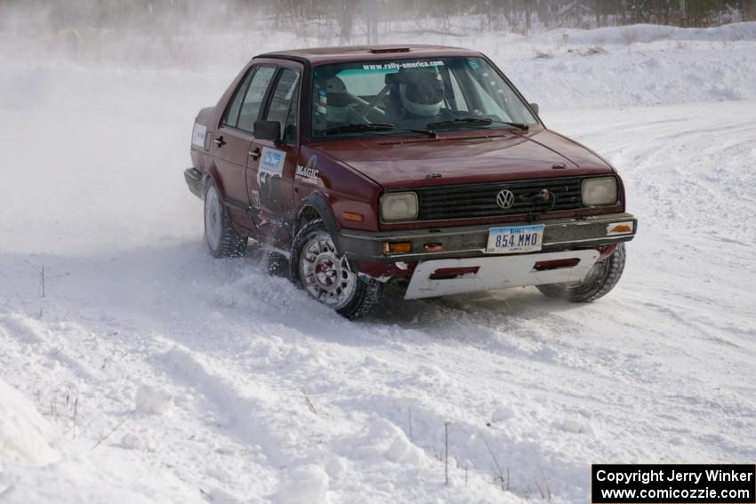Matt Bushore / Andy Bushore VW Jetta powers out of a 90-left on the first stage of day two.