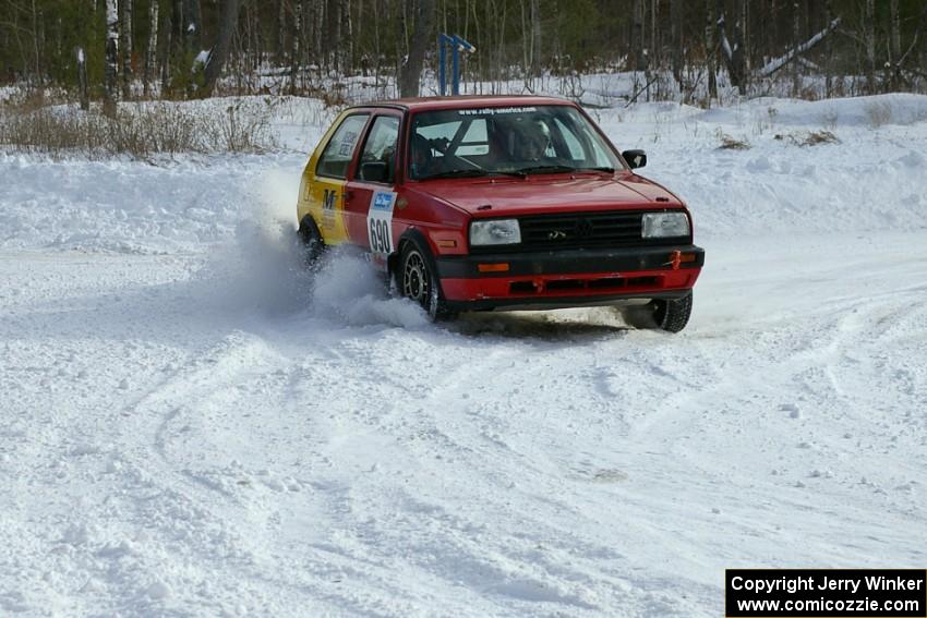 Carl Seidel / Ryan Johnson VW Golf at a left-hander on the first stage of day two of the rally.