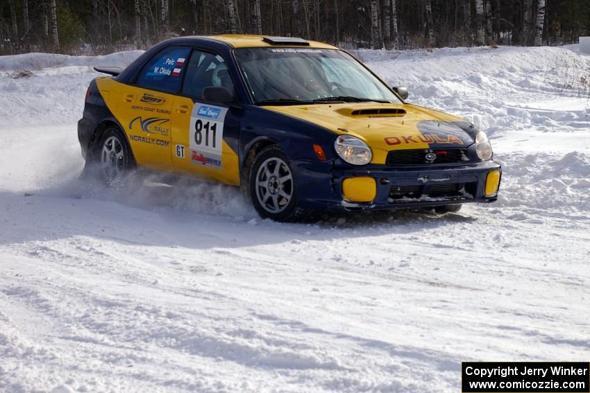 Wojtek Okula / Adam Pelc Subaru WRX exits out of a left-hander on the first stage of day two.