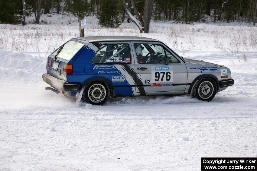 Russ Rosendale / Pete Oppelt VW Golf powers out of a 90-left on the first stage of day two.