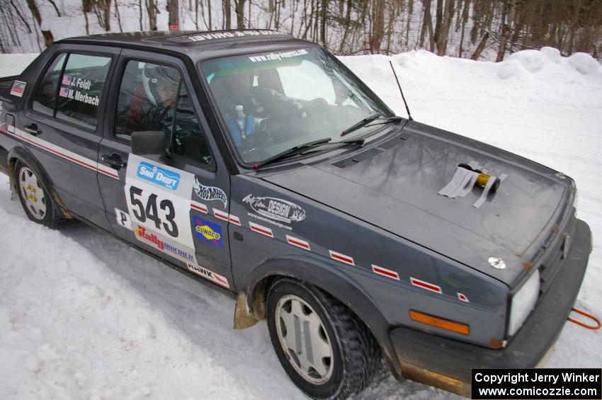 Mike Merbach / Jeff Feldt VW Jetta get close to the inside bank on a 90-right on day two.