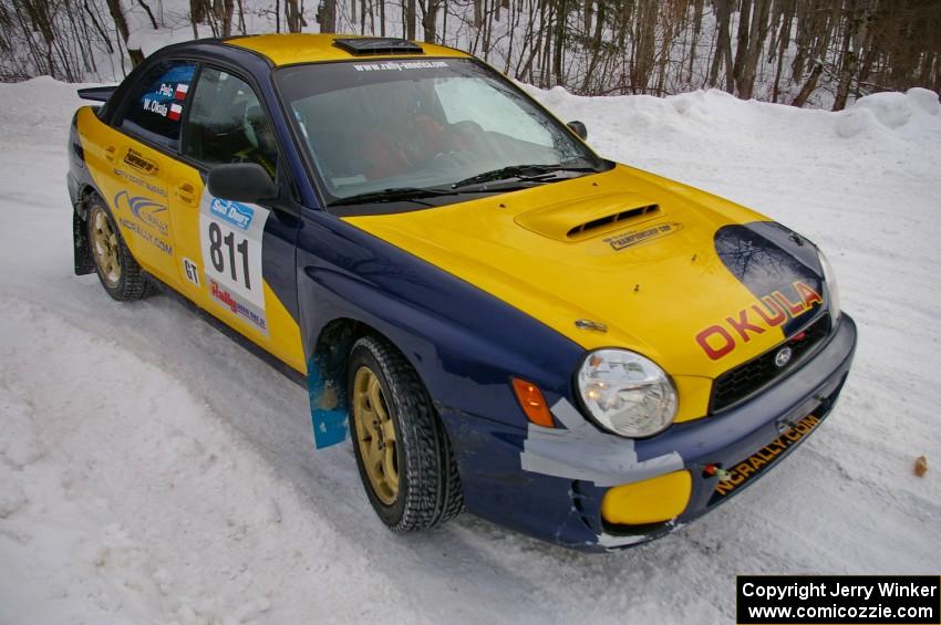 Wojtek Okula / Adam Pelc Subaru WRX hugs the inside bank of a right-hander on day two.