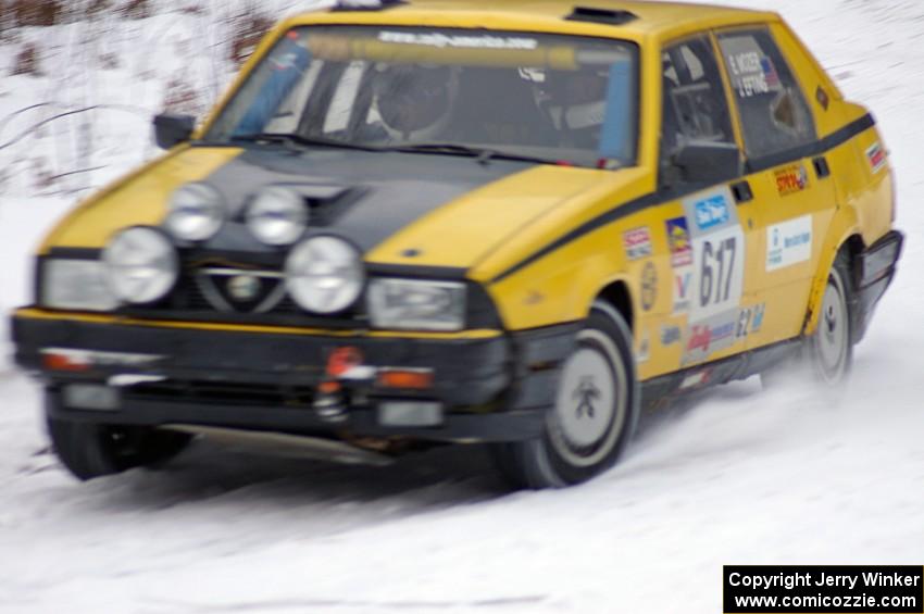 Eric Mozer / Jay Efting Alfa Romeo Milano at dusk near the end of day two of the rally.