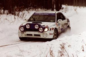 The Jonathan Bottoms / Carolyn Bosley Subaru WRX sets up for a hard-right near the end of day two of the rally.