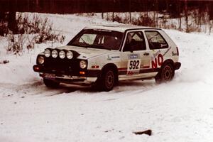 The Justin Pritchard / Kim DeMotte VW Golf exits a hard-right near the end of day two of the rally.