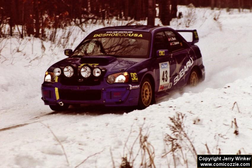 The Ken Block / Christian Edstrom Subaru WRX STi sets up at a hard-right near the end of day two of the rally.