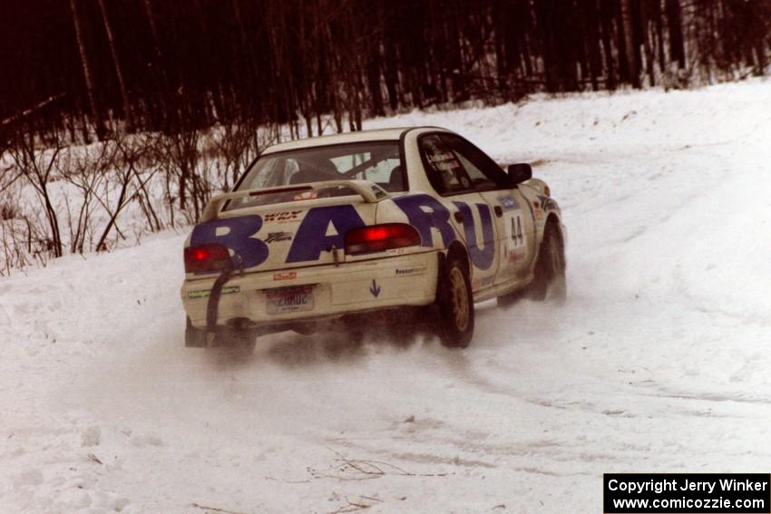 The Henry Krolikowski / Cindy Krolikowski Subaru WRX exits a hard-right near the end of day two of the rally.