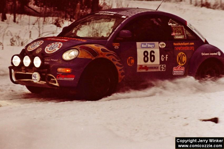 The Mike Halley / Kala Rounds VW New Beetle exit a hard-right near the end of day two of the rally.