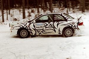 The Matt Iorio / Ole Holter Subaru Impreza lost its number-backer but sets up nicely for a hard-right near the end of the rally.