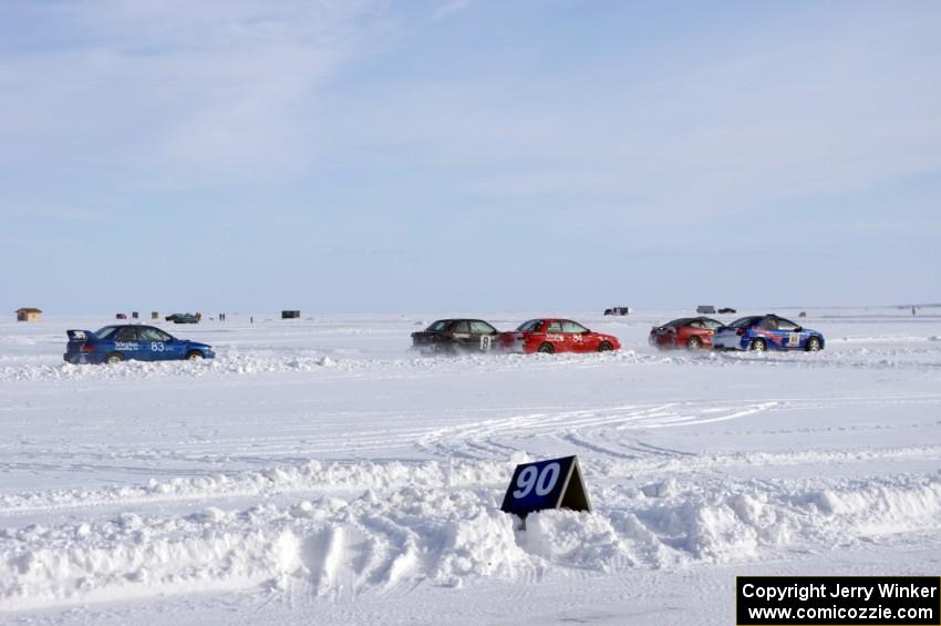 The field lines up for the green flag during one of Saturday's sprint races.