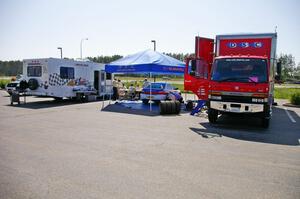 Stig Blomqvist / Ana Goni Subaru Impreza WRX STi pit in the parking lot of the Northern Inn prior to the rally start.