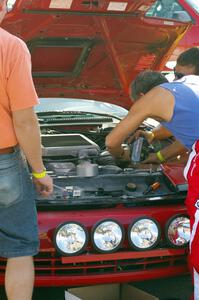 Travis Hanson / Terry Hanson Toyota Celica All-Trac receives last minute repairs prior to the rally start.