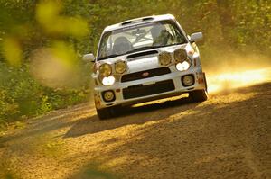 Dave Hintz / Rick Hintz Subaru WRX at speed near the finish of Halverson Lake, SS1.