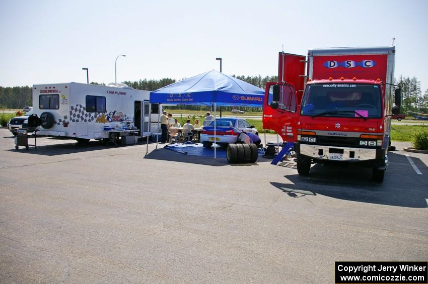 Stig Blomqvist / Ana Goni Subaru Impreza WRX STi pit in the parking lot of the Northern Inn prior to the rally start.