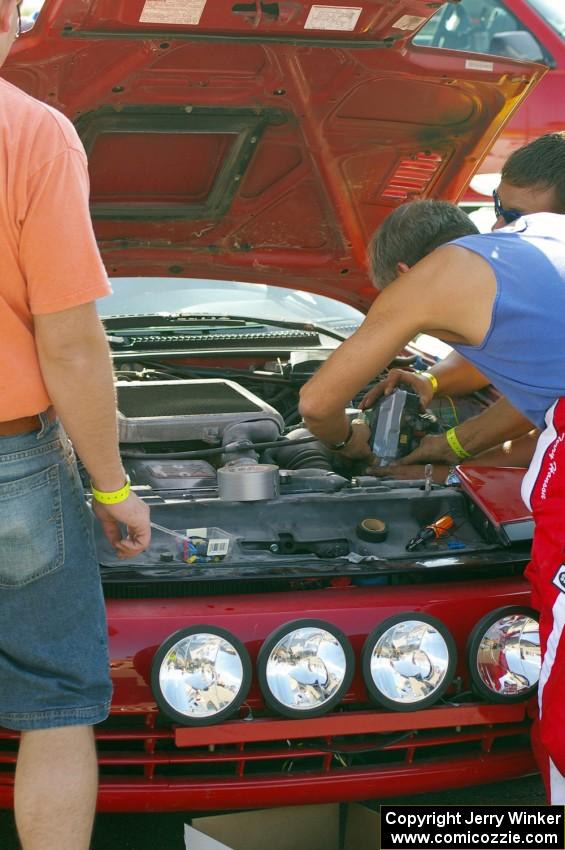 Travis Hanson / Terry Hanson Toyota Celica All-Trac receives last minute repairs prior to the rally start.