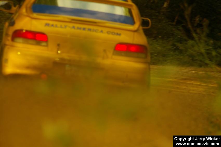 Doug Havir / Scott Putnam Subaru Impreza drifts through a high-speed left-hander near the finish of Halverson Lake, SS1.