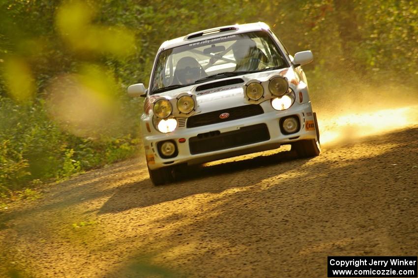 Dave Hintz / Rick Hintz Subaru WRX at speed near the finish of Halverson Lake, SS1.