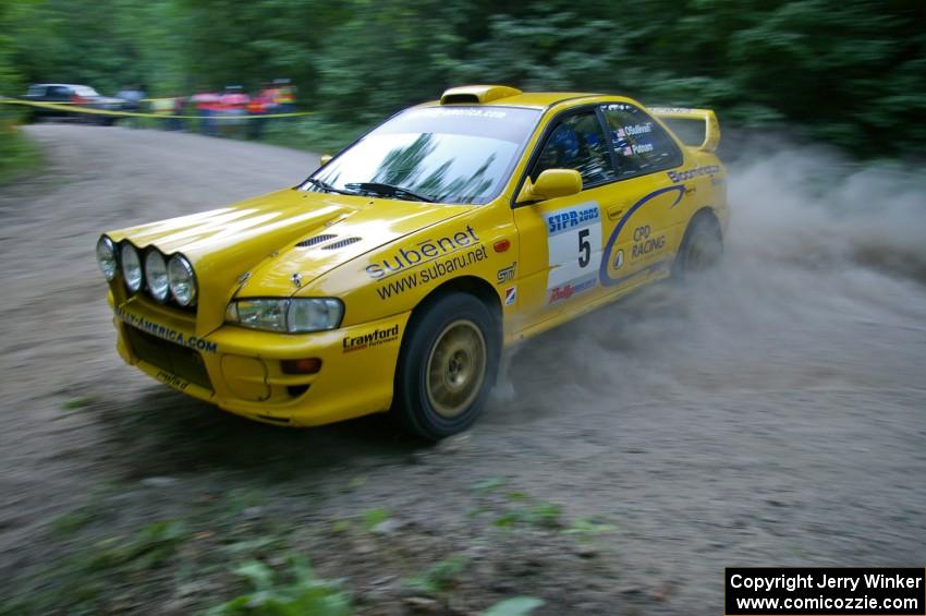 Lauchlin O'Sullivan / Scott Putnam Subaru Impreza were in top form at a hairpin on SS1.