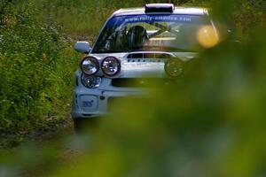 Fintan McCarthy / Noel Gallagher Subaru WRX STi rockets uphill on a fast section of SS2, Spur 2.