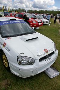 Stig Blomqvist / Ana Goni Subaru WRX STi at day two parc expose at Bemidji Speedway.