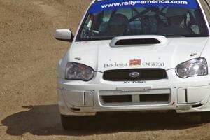 Stig Blomqvist / Ana Goni drift their Subaru WRX STi through the final corner of the Bemidji Speedway stage, SS8.