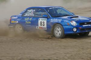 Mark Utecht / Rob Bohn Subaru WRX spits gravel through the infield at the Bemidji Speedway, SS8.