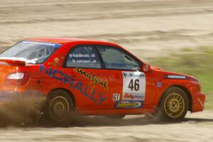 Matthew Johnson / Wendy Nakamoto Subaru WRX comes off the high-bank and into the infield at the Bemidji Speedway, SS8.