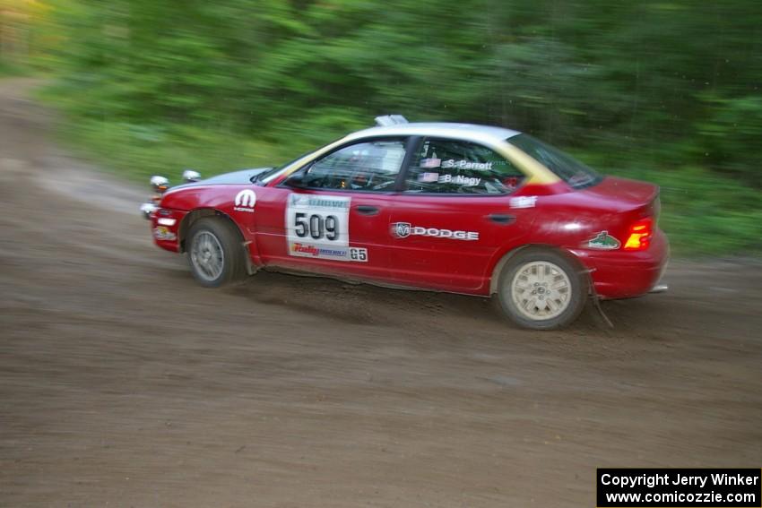 Scott Parrott / Breon Nagy Dodge Neon at speed through a 90-right on SS2, Spur 2.