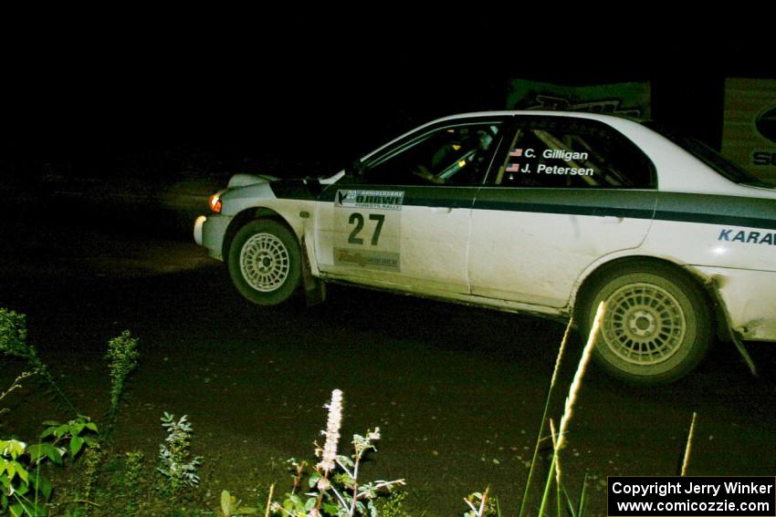 Chris Gilligan / Joe Petersen come out of a 90-left on SS7, Blue Trail, in their Mitsubishi Lancer Evo IV.