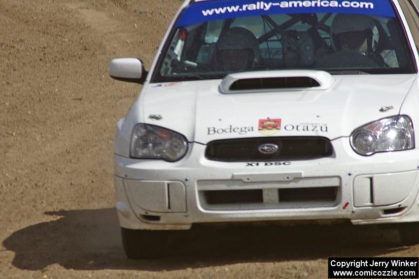 Stig Blomqvist / Ana Goni drift their Subaru WRX STi through the final corner of the Bemidji Speedway stage, SS8.