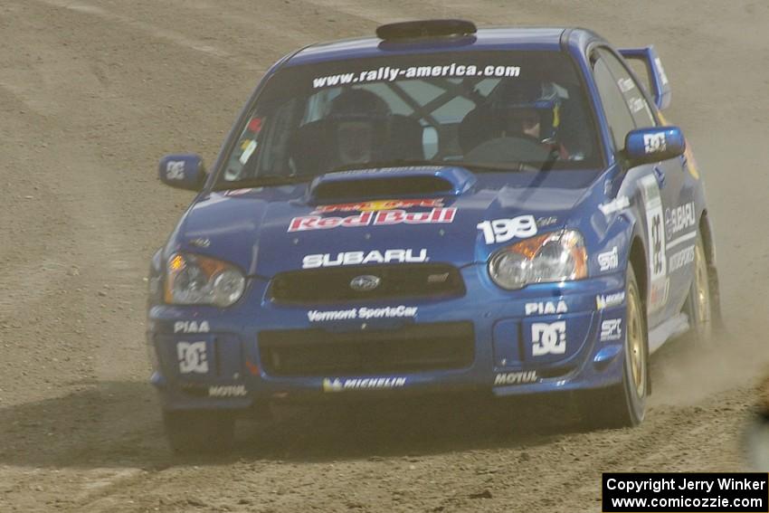 Travis Pastrana / Christian Edstrom Subaru WRX STi drifts the final corner at Bemidji Speedway, SS8.