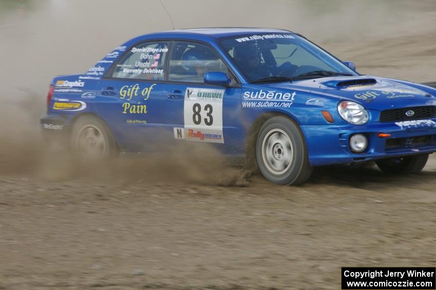 Mark Utecht / Rob Bohn Subaru WRX spits gravel through the infield at the Bemidji Speedway, SS8.