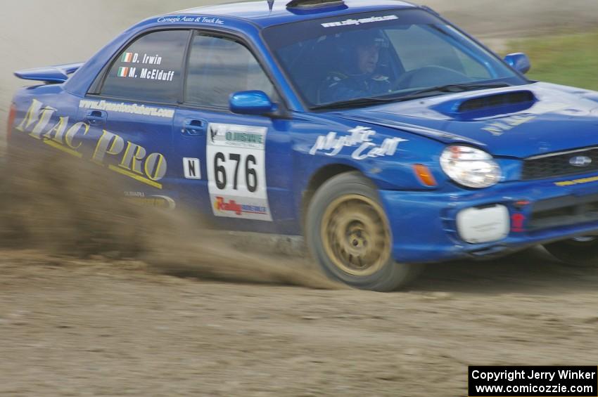 Mark McElduff / Damien Irwin Subaru WRX STi spits gravel through the infield at the Bemidji Speedway, SS8.