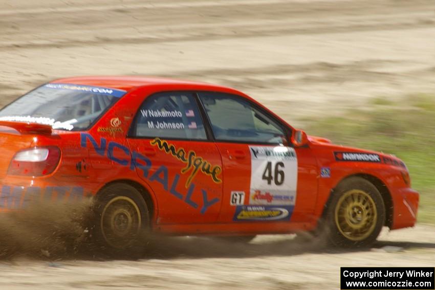 Matthew Johnson / Wendy Nakamoto Subaru WRX comes off the high-bank and into the infield at the Bemidji Speedway, SS8.