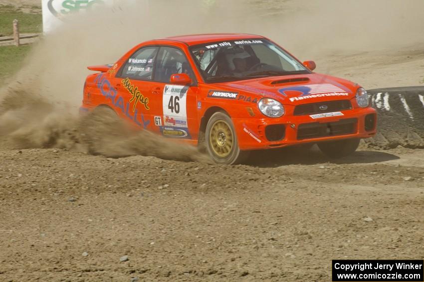 Matthew Johnson / Wendy Nakamoto Subaru WRX sprays gravel through the infield at the Bemidji Speedway, SS8.