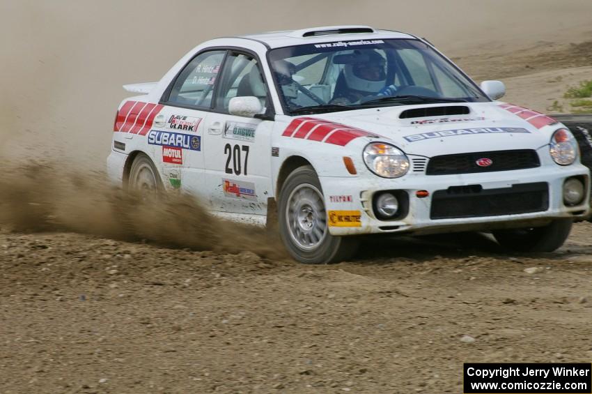 Dave Hintz / Rick Hintz Subaru WRX at speed through the infield at the Bemidji Speedway, SS8.