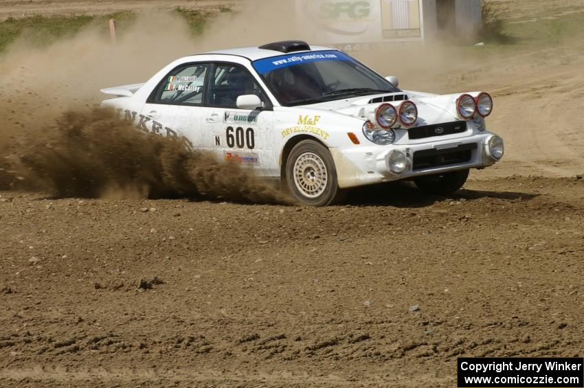 Fintan McCarthy / Noel Gallagher Subaru WRX STi slings gravel through the infield at the Bemidji Speedway, SS8.