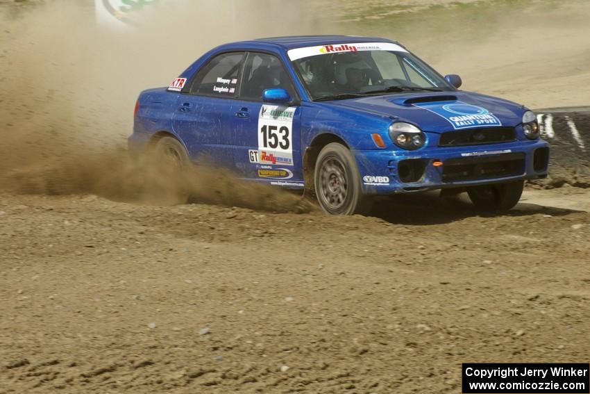 Eric Langbein / Jeremy Wimpey Subaru WRX drifts through the infield at the Bemidji Speedway, SS8.